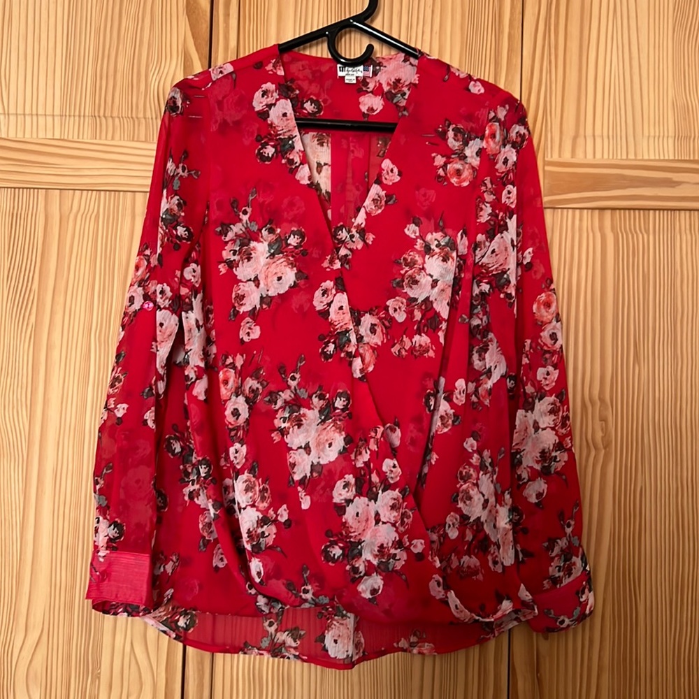 Sheer Red Floral Kit from the Kloth V-Neck Top Sz M